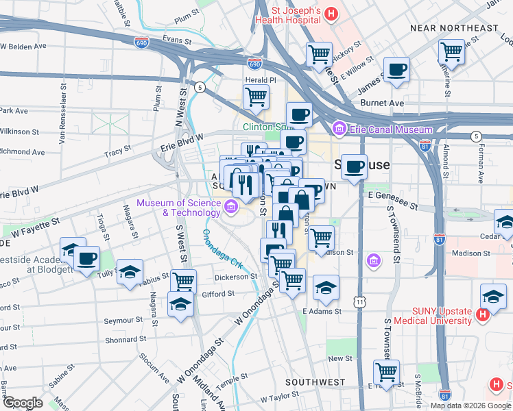 map of restaurants, bars, coffee shops, grocery stores, and more near 429 South Clinton Street in Syracuse