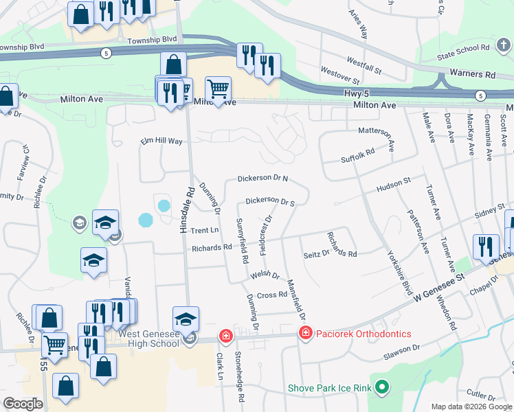 map of restaurants, bars, coffee shops, grocery stores, and more near 302 Fieldcrest Circle in Camillus