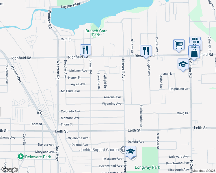 map of restaurants, bars, coffee shops, grocery stores, and more near 3210 Mc Clure Avenue in Flint