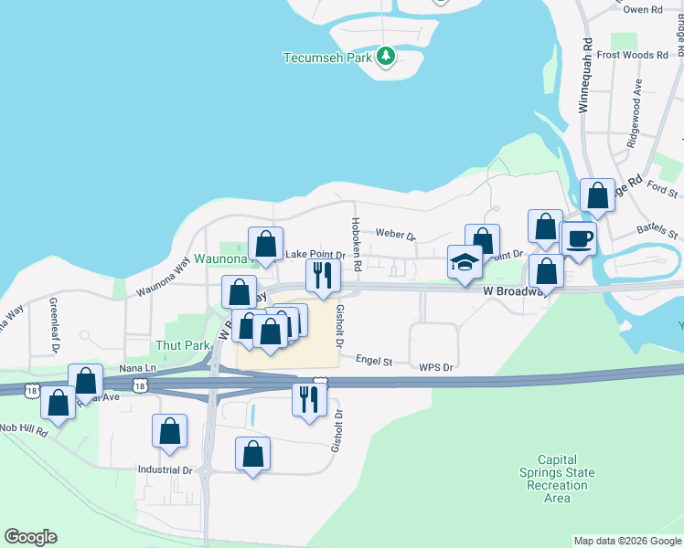 map of restaurants, bars, coffee shops, grocery stores, and more near 1945 West Broadway in Madison