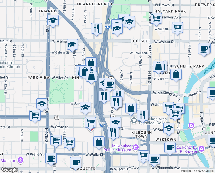 map of restaurants, bars, coffee shops, grocery stores, and more near 1303 North 10th Street in Milwaukee