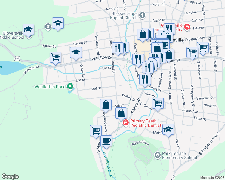 map of restaurants, bars, coffee shops, grocery stores, and more near 67 Broad Street in Gloversville