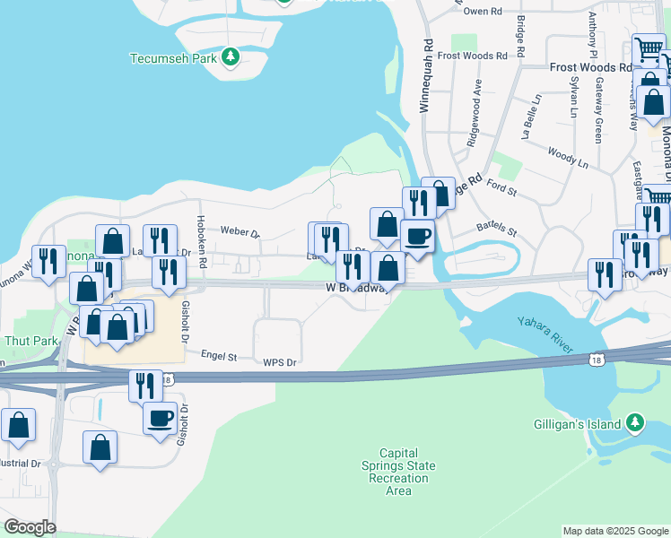 map of restaurants, bars, coffee shops, grocery stores, and more near 1502 West Broadway in Madison