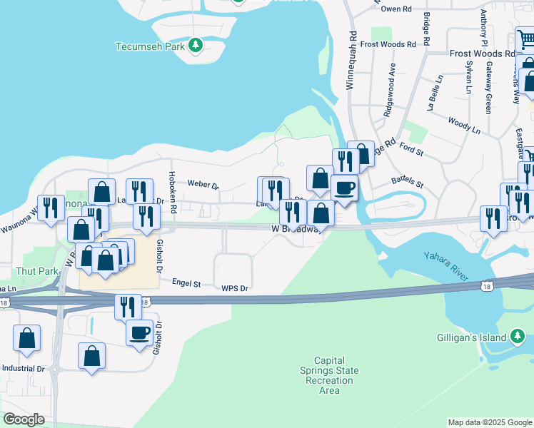 map of restaurants, bars, coffee shops, grocery stores, and more near 1502 West Broadway in Madison