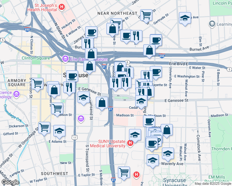 map of restaurants, bars, coffee shops, grocery stores, and more near 701 East Genesee Street in Syracuse