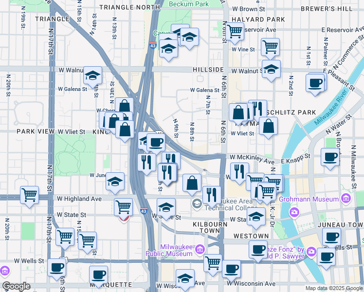 map of restaurants, bars, coffee shops, grocery stores, and more near 1002 West McKinley Avenue in Milwaukee