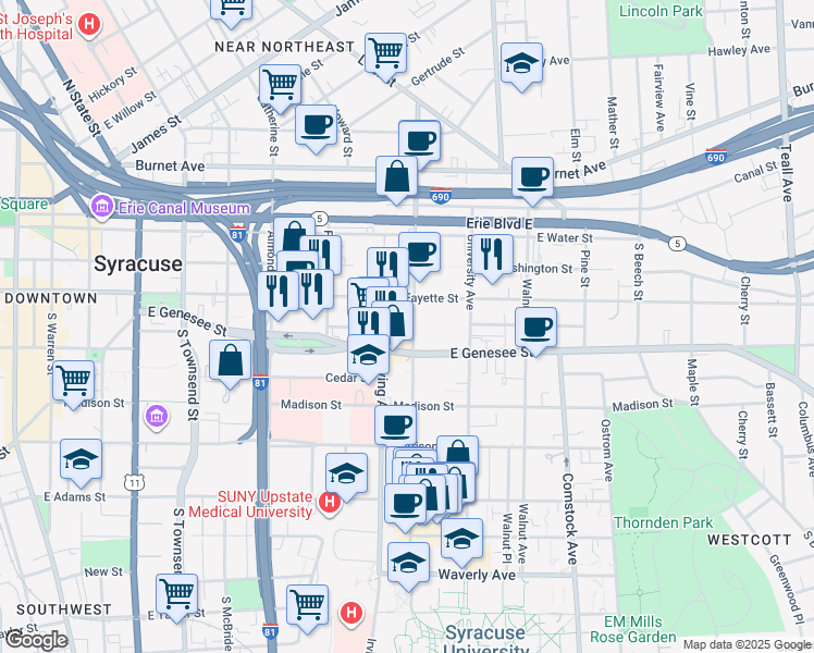 map of restaurants, bars, coffee shops, grocery stores, and more near in Syracuse