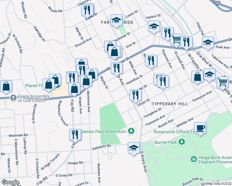 map of restaurants, bars, coffee shops, grocery stores, and more near 717 Schuyler Street in Syracuse