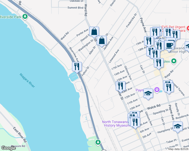 map of restaurants, bars, coffee shops, grocery stores, and more near 65 Fredericka Street in North Tonawanda