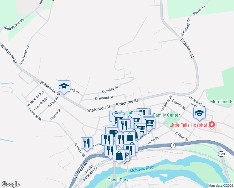 map of restaurants, bars, coffee shops, grocery stores, and more near 506 East Monroe Street in Little Falls