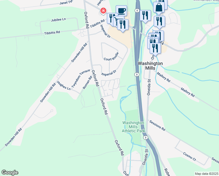map of restaurants, bars, coffee shops, grocery stores, and more near 245 Oxford Road in New Hartford
