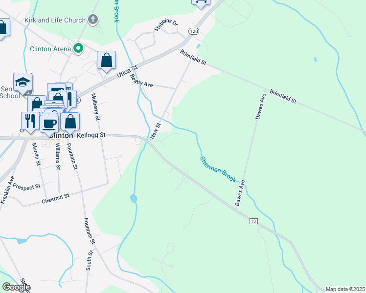 map of restaurants, bars, coffee shops, grocery stores, and more near 7861 Kellogg Street in Clinton