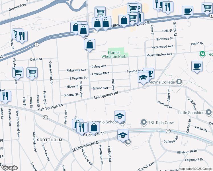 map of restaurants, bars, coffee shops, grocery stores, and more near 869 Salt Springs Road in Syracuse