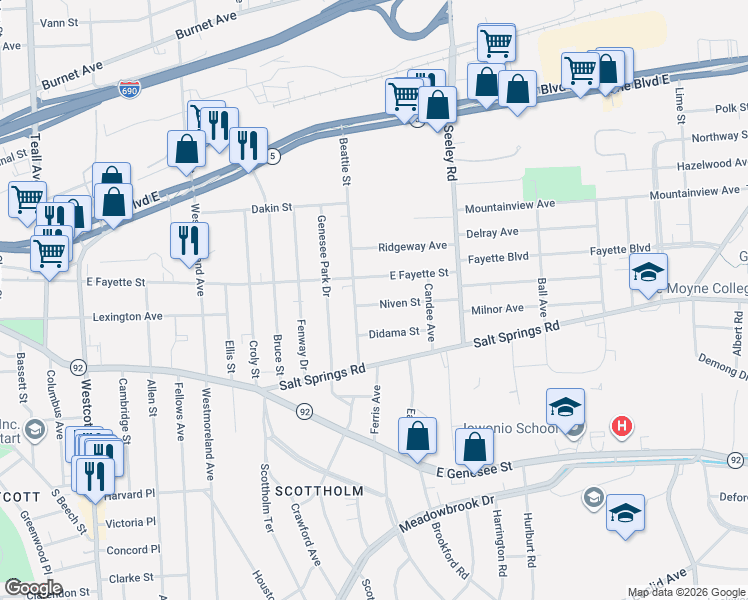 map of restaurants, bars, coffee shops, grocery stores, and more near 121-23 Didama Street in Syracuse