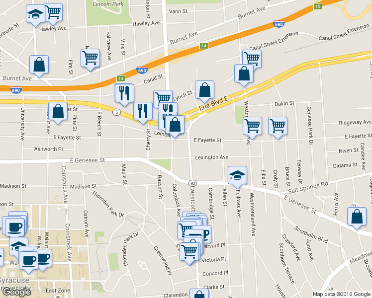 map of restaurants, bars, coffee shops, grocery stores, and more near 208 Lexington Avenue in Syracuse