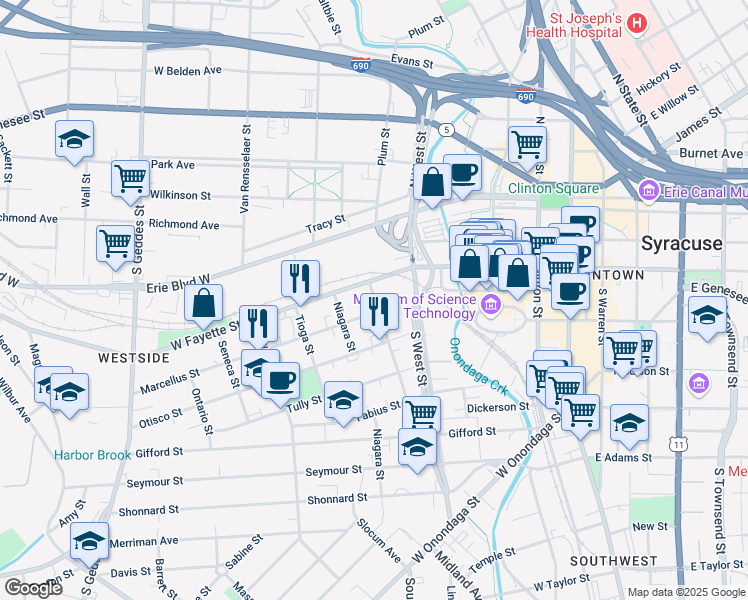 map of restaurants, bars, coffee shops, grocery stores, and more near 207 Marcellus Street in Syracuse