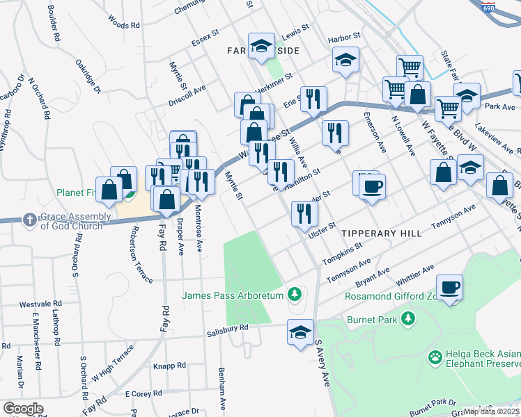 map of restaurants, bars, coffee shops, grocery stores, and more near 717 Schuyler Street in Syracuse