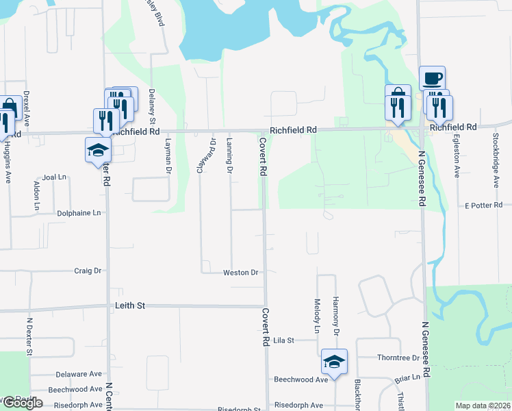 map of restaurants, bars, coffee shops, grocery stores, and more near 2513 Covert Road in Burton