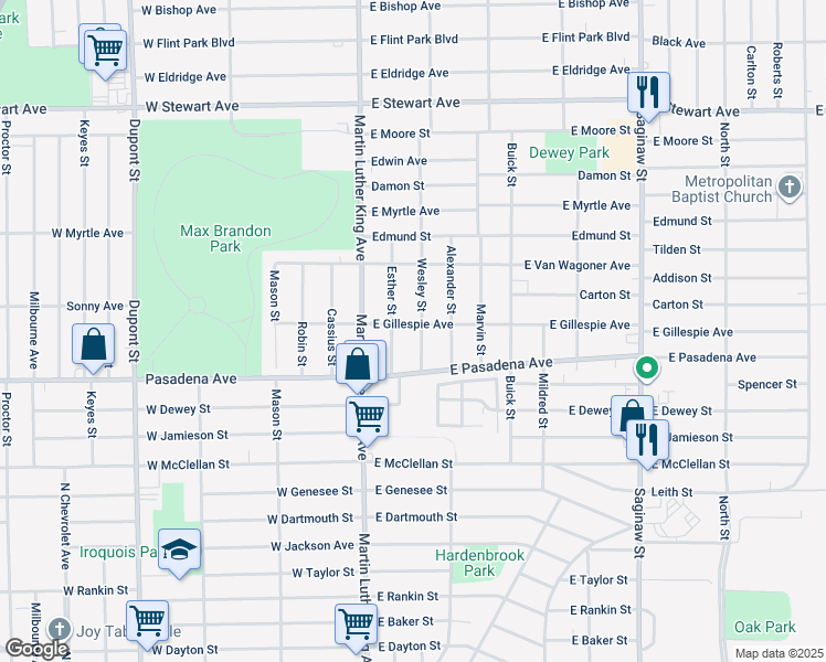 map of restaurants, bars, coffee shops, grocery stores, and more near 3414 Esther Street in Flint