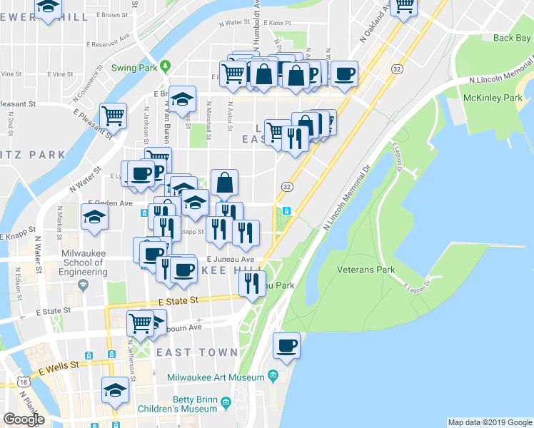map of restaurants, bars, coffee shops, grocery stores, and more near 1313 North Franklin Place in Milwaukee