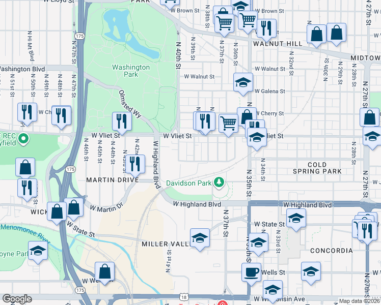 map of restaurants, bars, coffee shops, grocery stores, and more near 3915 West Mc Kinley Avenue in Milwaukee