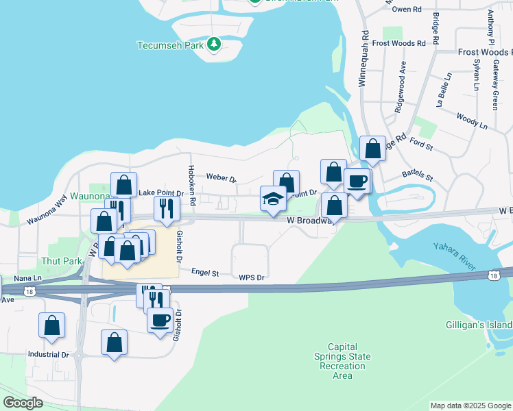 map of restaurants, bars, coffee shops, grocery stores, and more near 1707 West Broadway in Monona