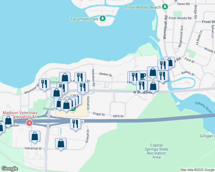 map of restaurants, bars, coffee shops, grocery stores, and more near 1813 Conservation Place in Madison