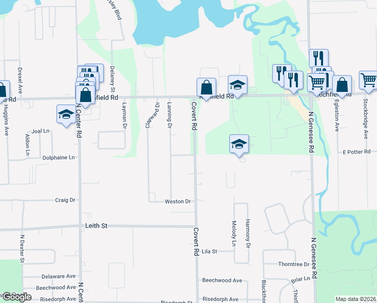 map of restaurants, bars, coffee shops, grocery stores, and more near 2513 Covert Road in Burton