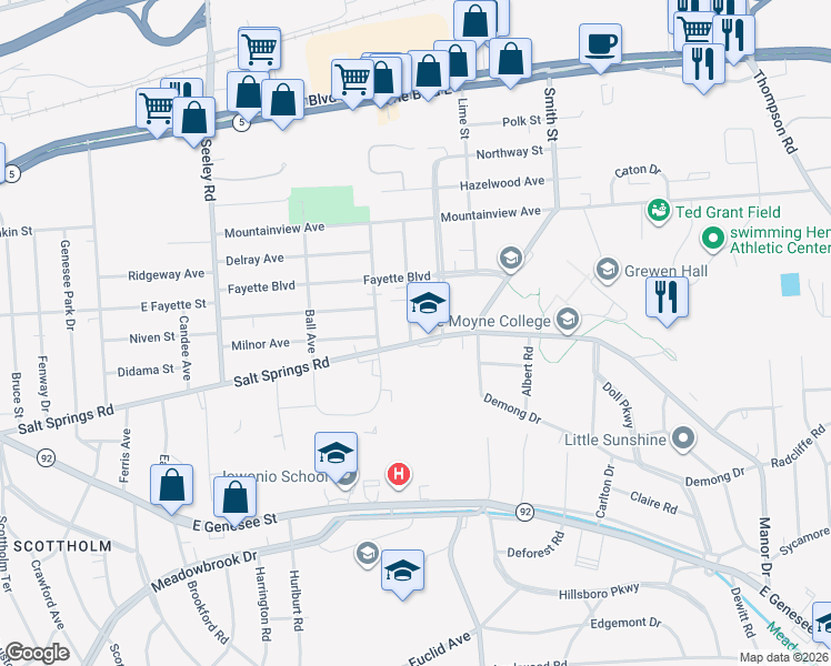 map of restaurants, bars, coffee shops, grocery stores, and more near 1101 Salt Springs Road in Syracuse