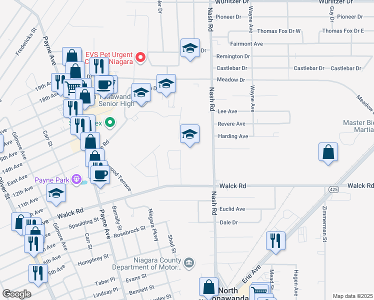 map of restaurants, bars, coffee shops, grocery stores, and more near 875 Eggert Drive in North Tonawanda