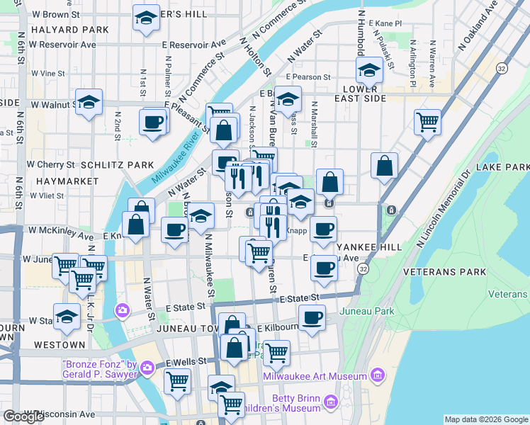 map of restaurants, bars, coffee shops, grocery stores, and more near 1300 North Jackson Street in Milwaukee