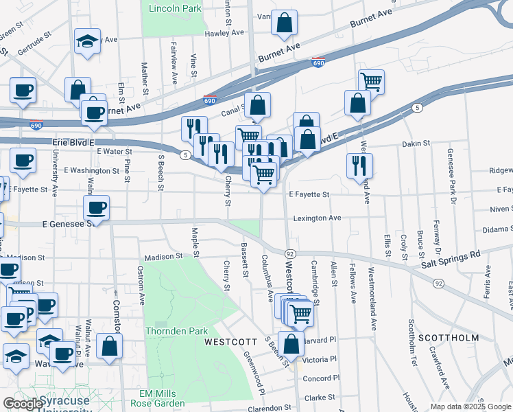 map of restaurants, bars, coffee shops, grocery stores, and more near in Syracuse
