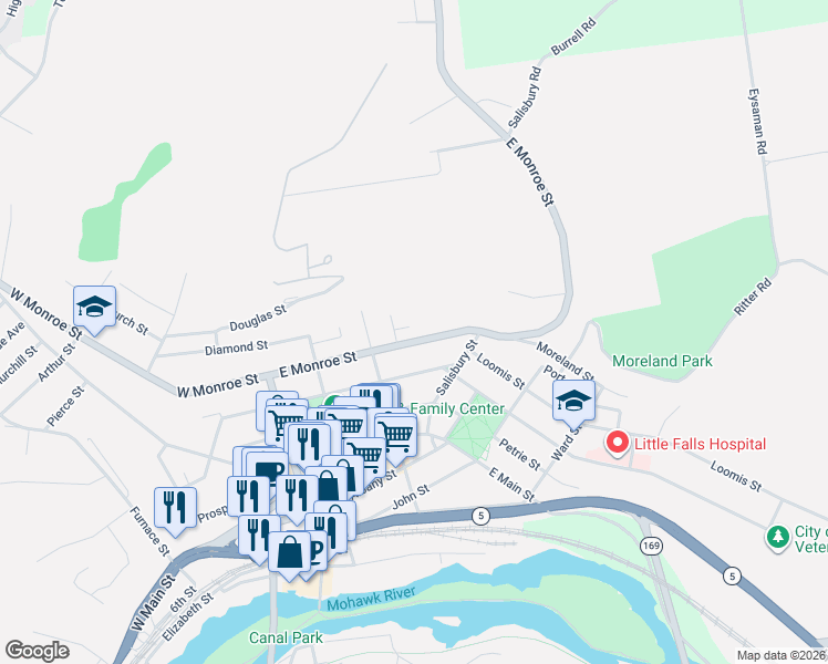 map of restaurants, bars, coffee shops, grocery stores, and more near 593 East Monroe Street in Little Falls