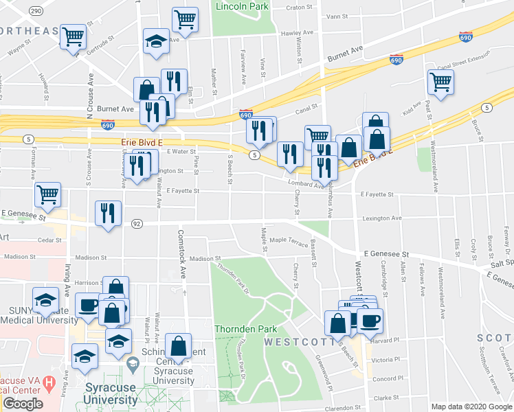 map of restaurants, bars, coffee shops, grocery stores, and more near 316 Maple Street in Syracuse