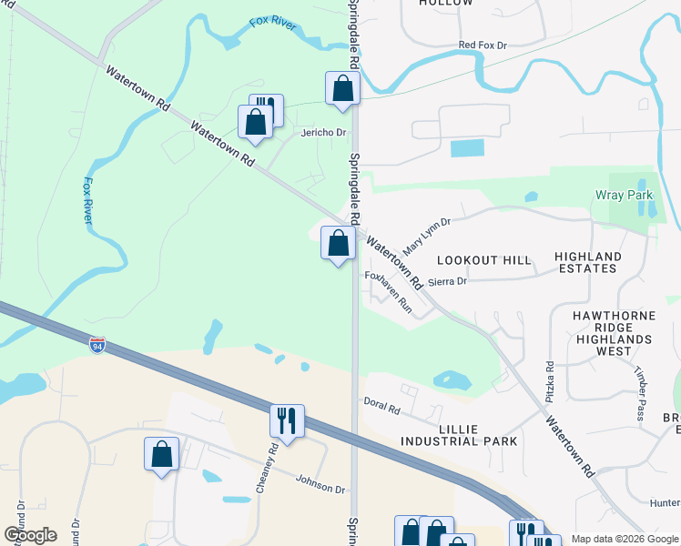 map of restaurants, bars, coffee shops, grocery stores, and more near W220 N1285 Springdale Road in Waukesha