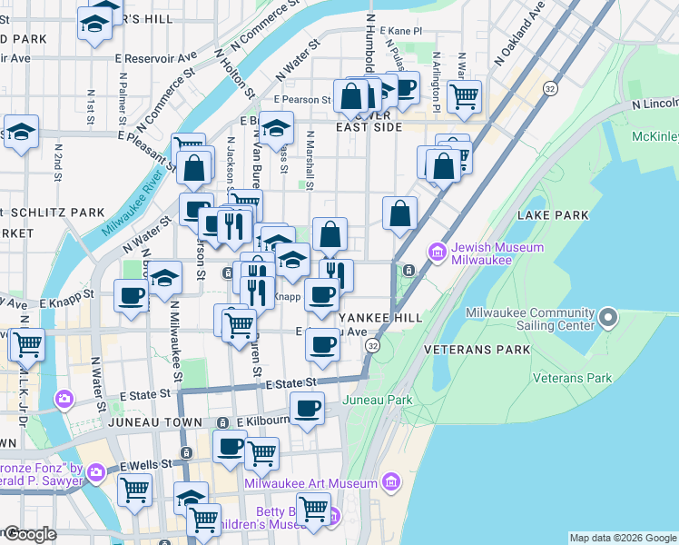 map of restaurants, bars, coffee shops, grocery stores, and more near 1334 North Astor Street in Milwaukee