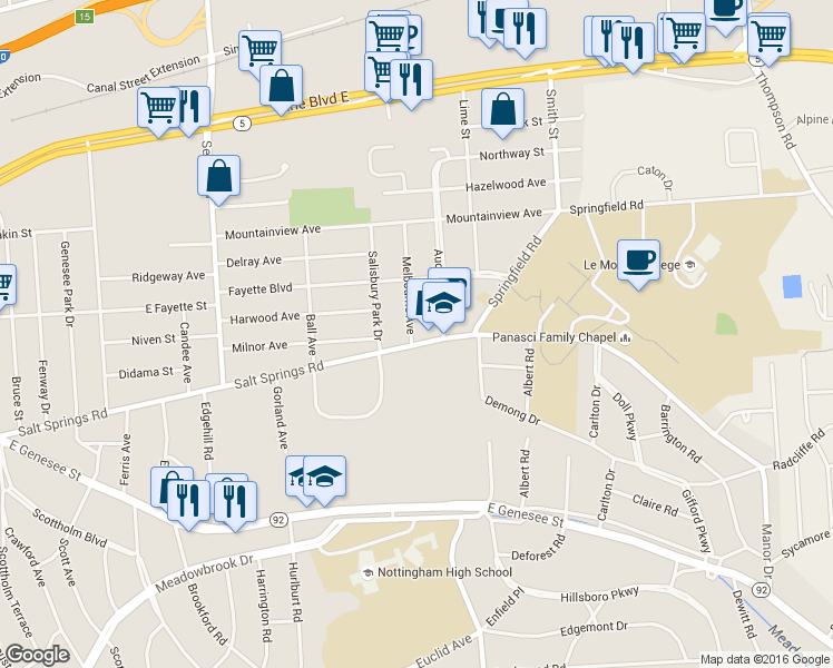 map of restaurants, bars, coffee shops, grocery stores, and more near 1101 Salt Springs Road in Syracuse