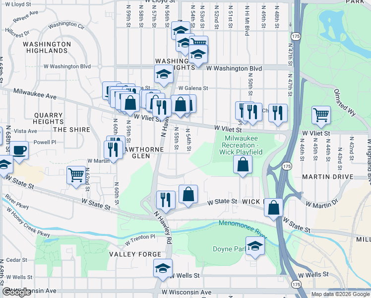 map of restaurants, bars, coffee shops, grocery stores, and more near 1344 North 54th Street in Milwaukee