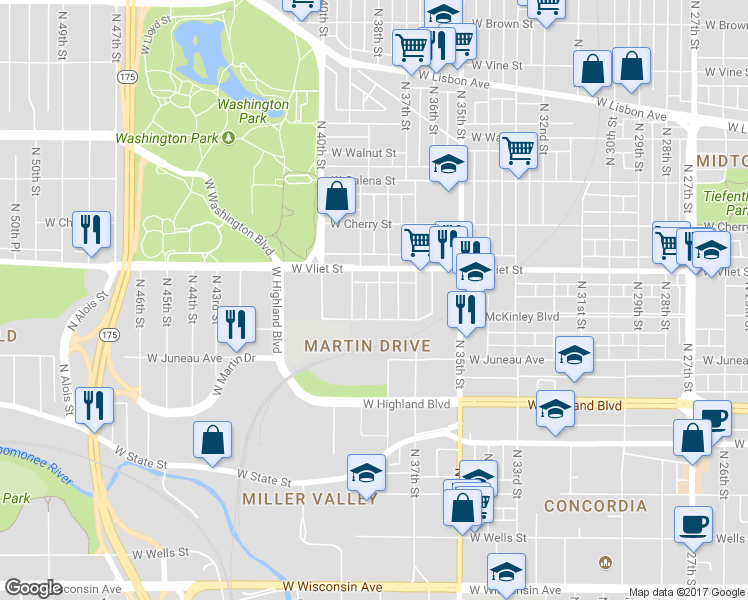 map of restaurants, bars, coffee shops, grocery stores, and more near 1327 North 38th Street in Milwaukee
