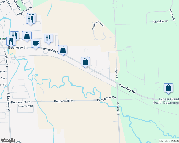 map of restaurants, bars, coffee shops, grocery stores, and more near 1422 Imlay City Road in Lapeer