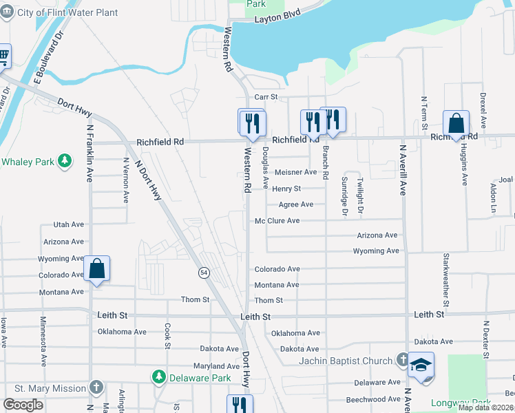 map of restaurants, bars, coffee shops, grocery stores, and more near 3742 Western Road in Flint