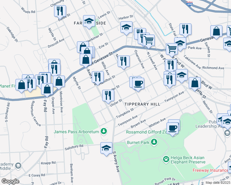 map of restaurants, bars, coffee shops, grocery stores, and more near 215 Willis Avenue in Syracuse