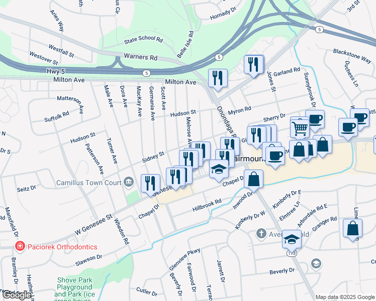 map of restaurants, bars, coffee shops, grocery stores, and more near 204 Melrose Avenue in Syracuse