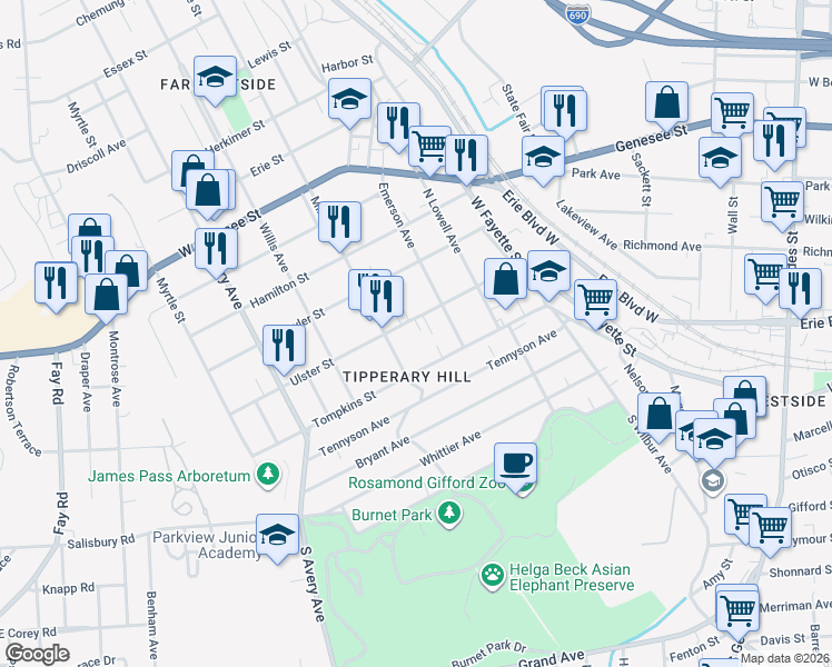 map of restaurants, bars, coffee shops, grocery stores, and more near 408 Ulster Street in Syracuse