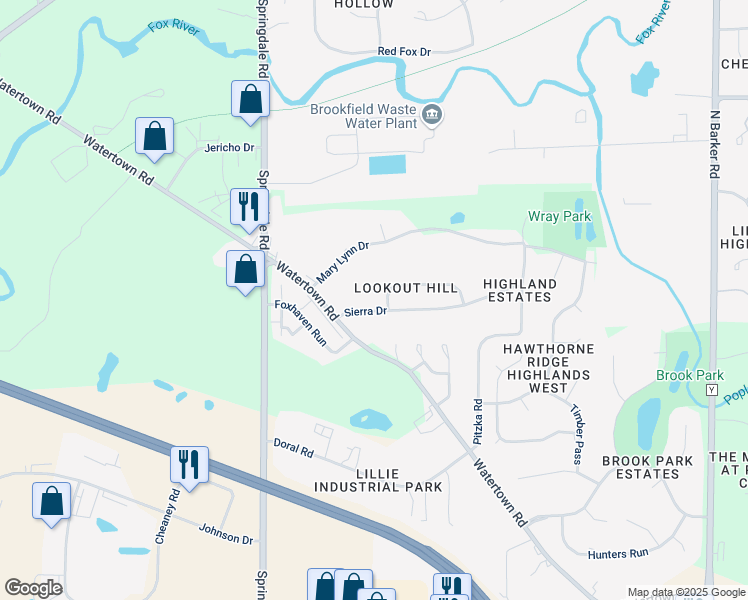 map of restaurants, bars, coffee shops, grocery stores, and more near 21540-50 Jill Court in Brookfield