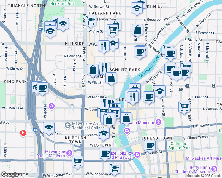 map of restaurants, bars, coffee shops, grocery stores, and more near 310 West Vliet Street in Milwaukee