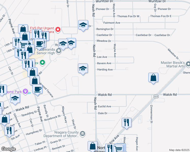 map of restaurants, bars, coffee shops, grocery stores, and more near Nash Road & Wilson Avenue in North Tonawanda