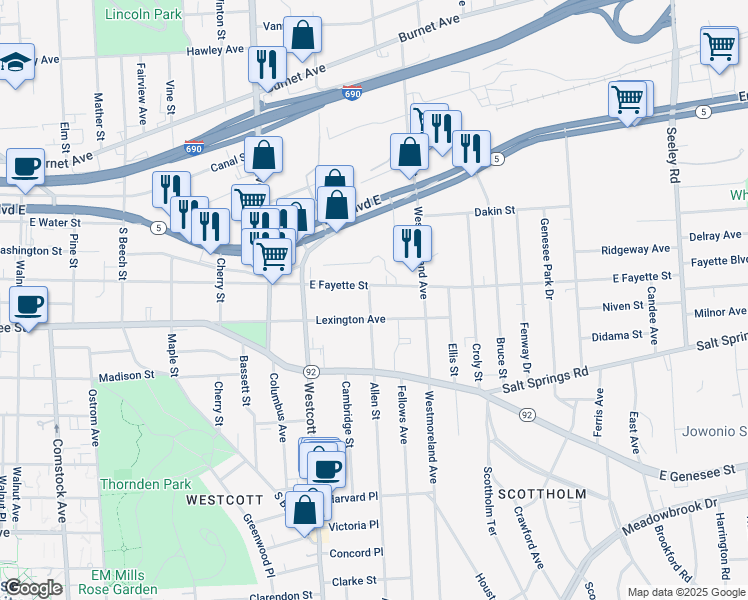 map of restaurants, bars, coffee shops, grocery stores, and more near 1815 East Fayette Street in Syracuse