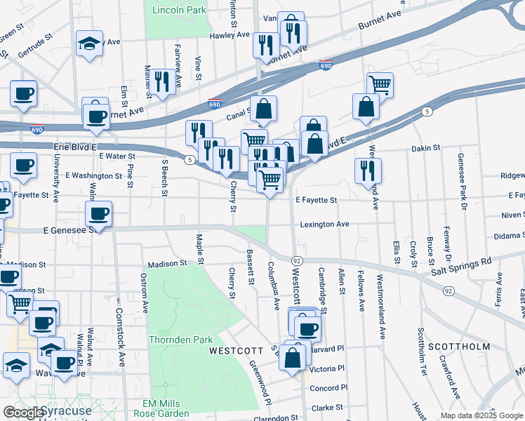 map of restaurants, bars, coffee shops, grocery stores, and more near 1619-21 East Fayette Street in Syracuse