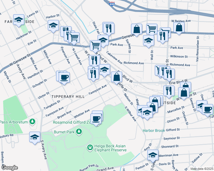 map of restaurants, bars, coffee shops, grocery stores, and more near 1320 West Fayette Street in Syracuse